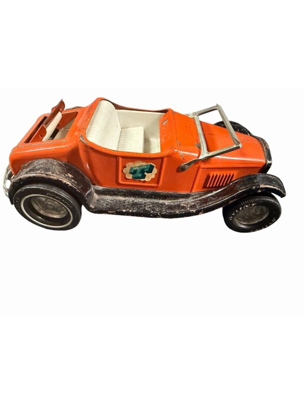 Vintage Pressed Steel Model T Toy Car Hot Rod Orange Whitewall Tires 1930s 1940s